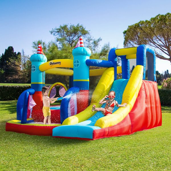 Kids Bouncy Castle with Slide Pool Trampoline Climbing Wall w/ Blower - Image 2