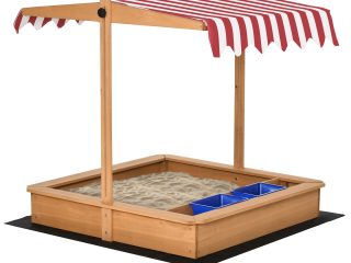 Kids Wooden Sandbox Sand Pit Height Adjustable with Canopy Basins Outsunny