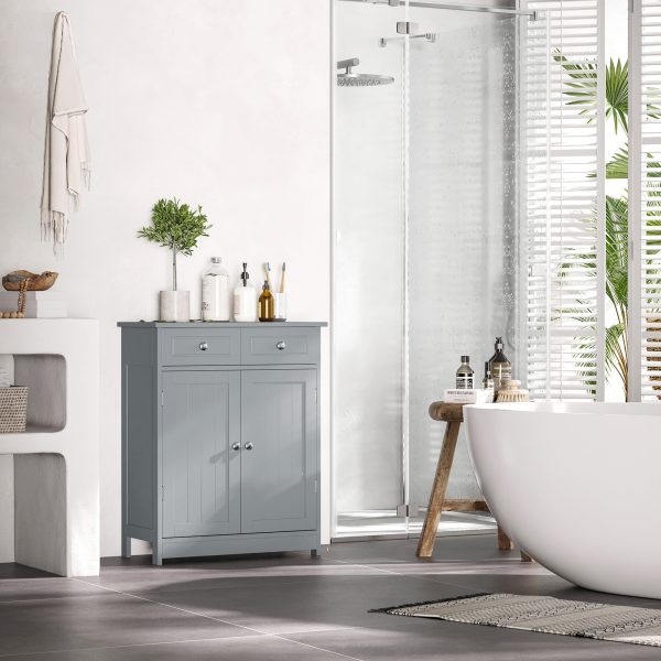 kleankin Bathroom Floor Storage Cabinet w/ 2 Drawers Door Cupboard Grey - Image 2