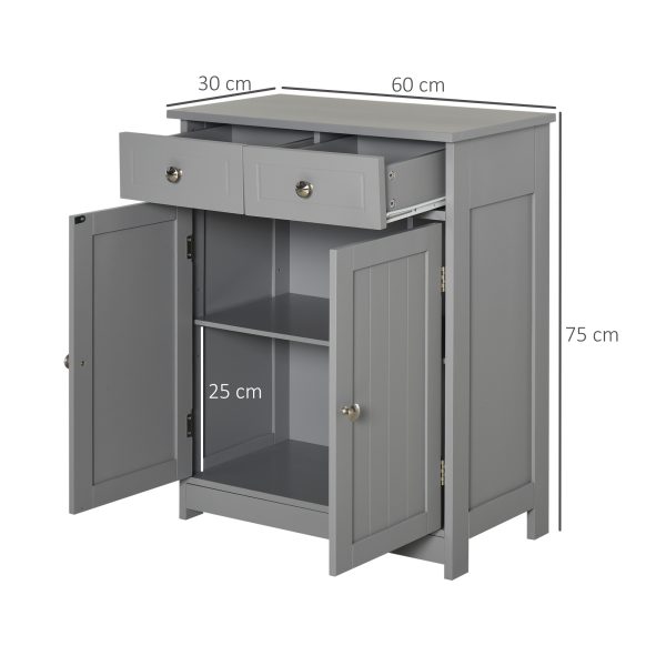 kleankin Bathroom Floor Storage Cabinet w/ 2 Drawers Door Cupboard Grey - Image 3