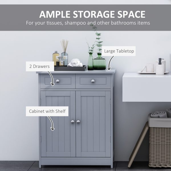 kleankin Bathroom Floor Storage Cabinet w/ 2 Drawers Door Cupboard Grey - Image 4