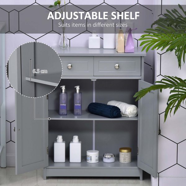 kleankin Bathroom Floor Storage Cabinet w/ 2 Drawers Door Cupboard Grey - Image 5