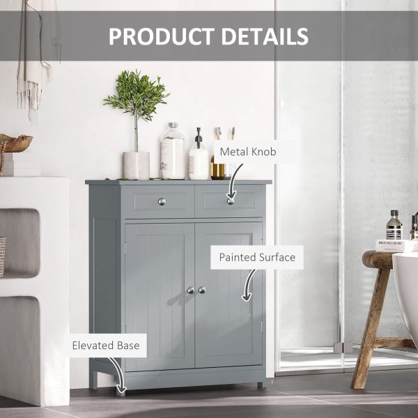 kleankin Bathroom Floor Storage Cabinet w/ 2 Drawers Door Cupboard Grey - Image 6