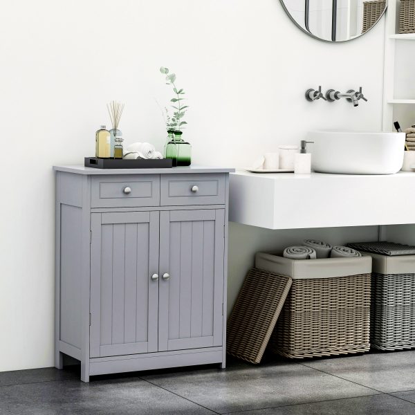 kleankin Bathroom Floor Storage Cabinet w/ 2 Drawers Door Cupboard Grey - Image 7