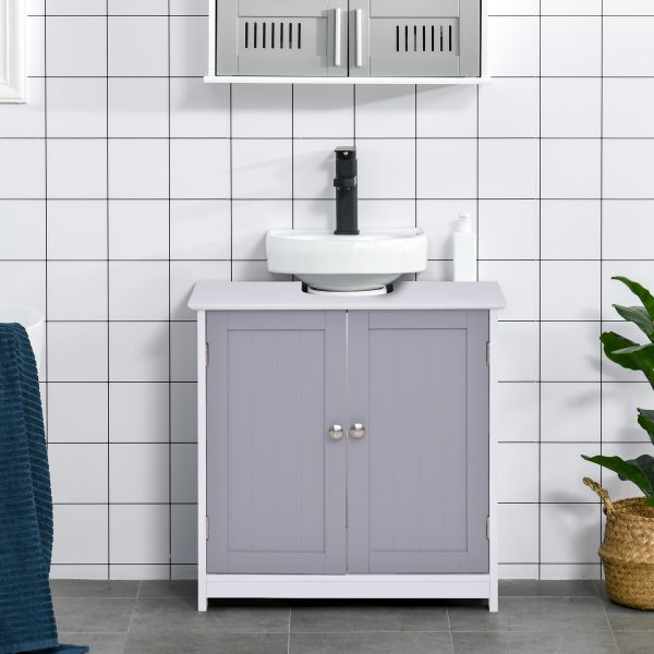 kleankin 60x60cm Under-Sink Storage Cabinet w/ Adjustable Shelf Grey White - Image 2