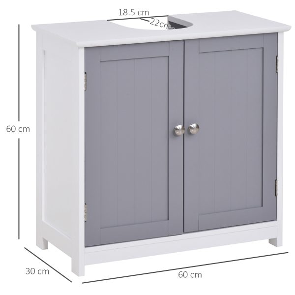 kleankin 60x60cm Under-Sink Storage Cabinet w/ Adjustable Shelf Grey White - Image 3