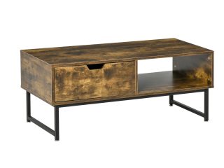 Coffee Table Wood Finish Metal Frame Sofa Table  Drawer & Shelf Brown