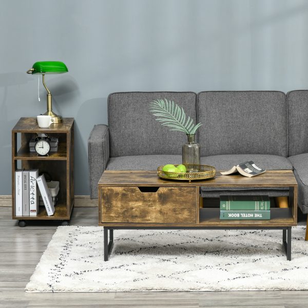 Coffee Table Wood Finish Metal Frame Sofa Table  Drawer & Shelf Brown - Image 2
