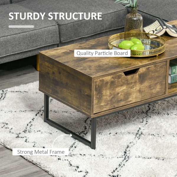 Coffee Table Wood Finish Metal Frame Sofa Table  Drawer & Shelf Brown - Image 4
