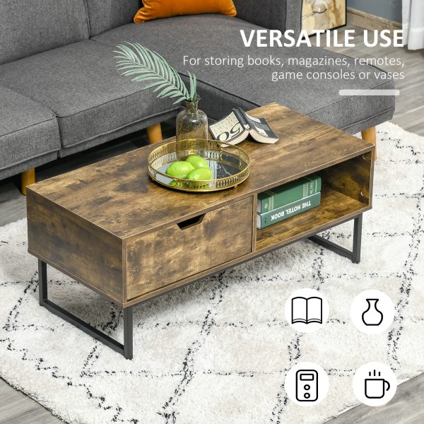 Coffee Table Wood Finish Metal Frame Sofa Table  Drawer & Shelf Brown - Image 7