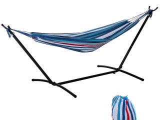 294 x 117cm Hammock with Metal Stand Portable Carrying Bag 120kg White Stripe