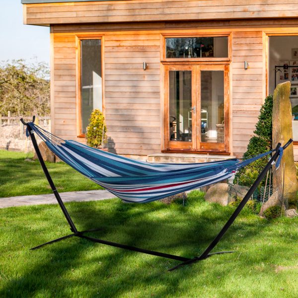 294 x 117cm Hammock with Metal Stand Portable Carrying Bag 120kg White Stripe - Image 2