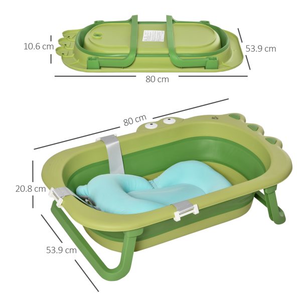 Baby Bath Tub for Toddler Foldable w/ Baby Cushion for 0-3 Years Green HOMCOM - Image 3