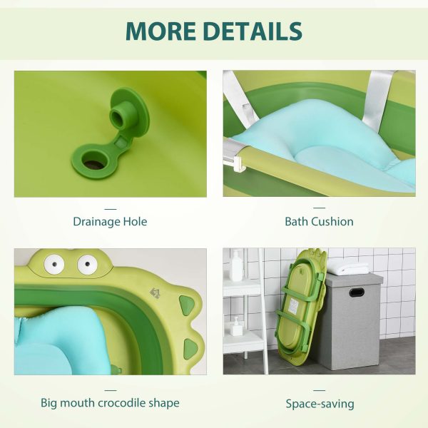 Baby Bath Tub for Toddler Foldable w/ Baby Cushion for 0-3 Years Green HOMCOM - Image 5