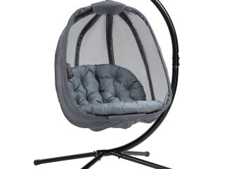 Folding Hanging Egg Chair w/ Cushion and Stand Grey