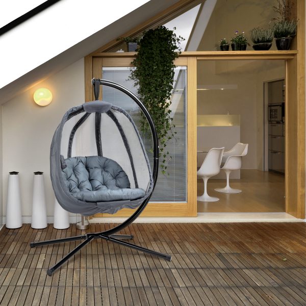 Folding Hanging Egg Chair w/ Cushion and Stand Grey - Image 2
