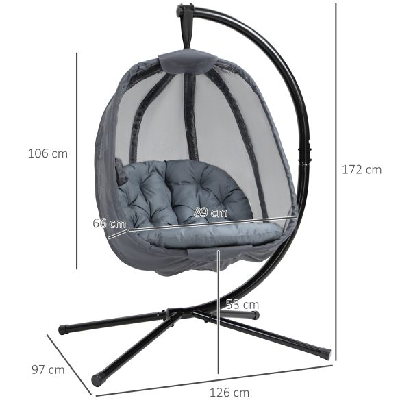 Folding Hanging Egg Chair w/ Cushion and Stand Grey - Image 3