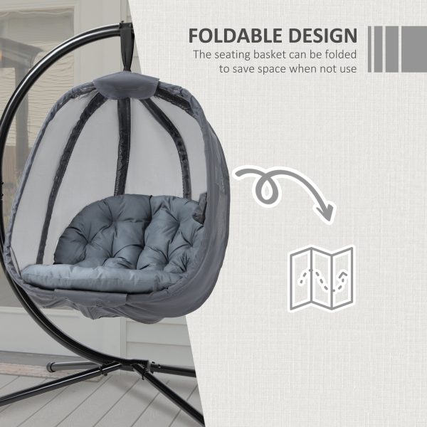 Folding Hanging Egg Chair w/ Cushion and Stand Grey - Image 5