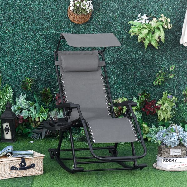 Folding Recliner Chair Outdoor Lounge Rocker Zero-Gravity Seat, Grey - Image 2