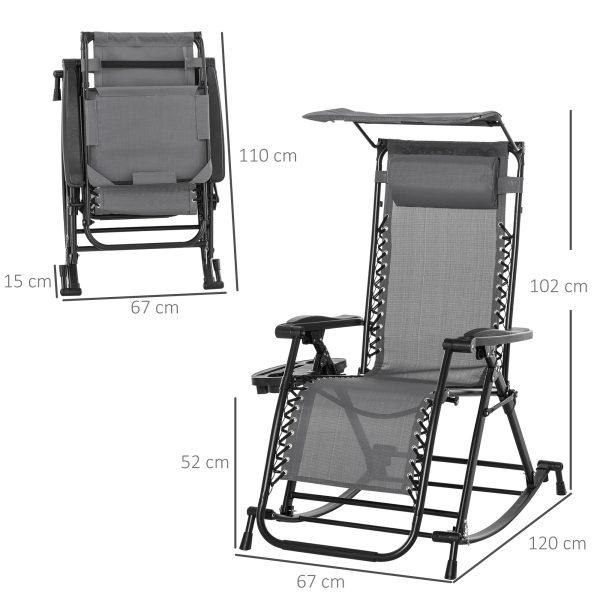 Folding Recliner Chair Outdoor Lounge Rocker Zero-Gravity Seat, Grey - Image 3