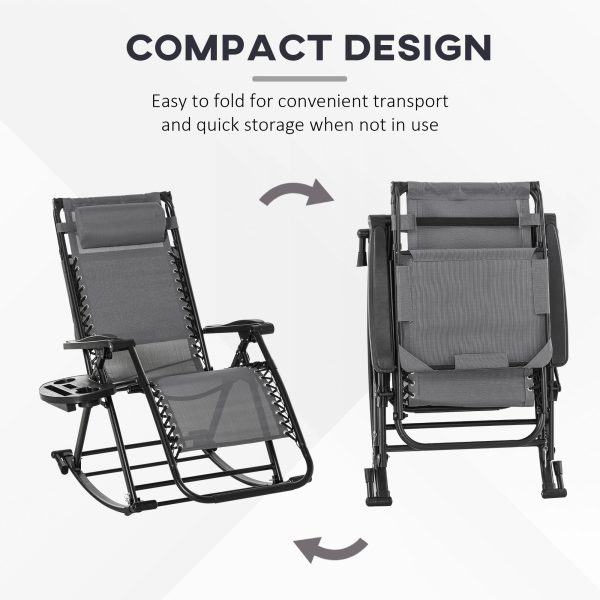 Folding Recliner Chair Outdoor Lounge Rocker Zero-Gravity Seat, Grey - Image 4