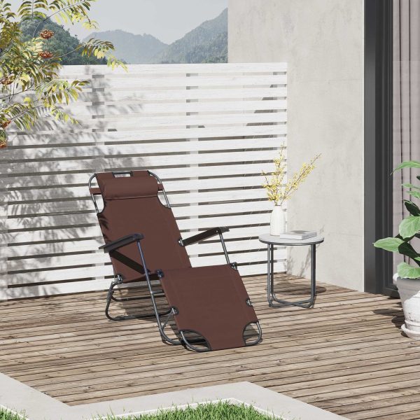 2 in 1 Outdoor Folding Sun Lounger Adjustable Back and Pillow Brown - Image 2