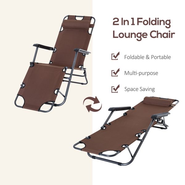 2 in 1 Outdoor Folding Sun Lounger Adjustable Back and Pillow Brown - Image 4