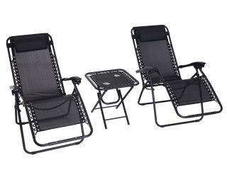 3PC Zero Gravity Chairs Sun Lounger Table Set w/ Cup Holders, Black Outsunny
