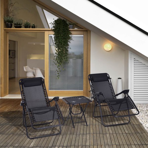 3PC Zero Gravity Chairs Sun Lounger Table Set w/ Cup Holders, Black Outsunny - Image 2