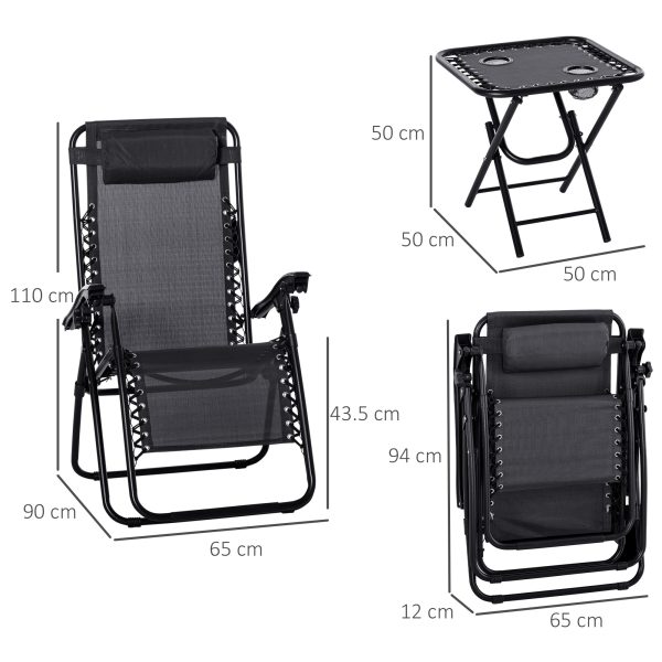 3PC Zero Gravity Chairs Sun Lounger Table Set w/ Cup Holders, Black Outsunny - Image 3