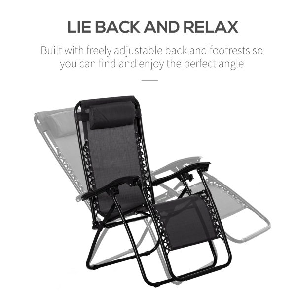 3PC Zero Gravity Chairs Sun Lounger Table Set w/ Cup Holders, Black Outsunny - Image 4