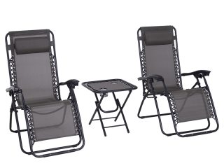 3PC Zero Gravity Chairs Sun Lounger Table Set Cup Holders Dark Grey Outsunny