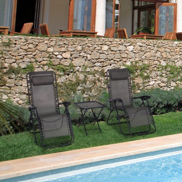 3PC Zero Gravity Chairs Sun Lounger Table Set Cup Holders Dark Grey Outsunny - Image 2
