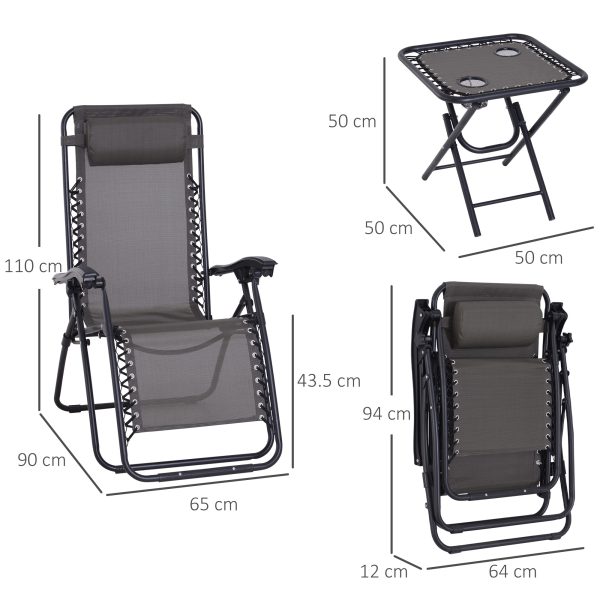 3PC Zero Gravity Chairs Sun Lounger Table Set Cup Holders Dark Grey Outsunny - Image 3