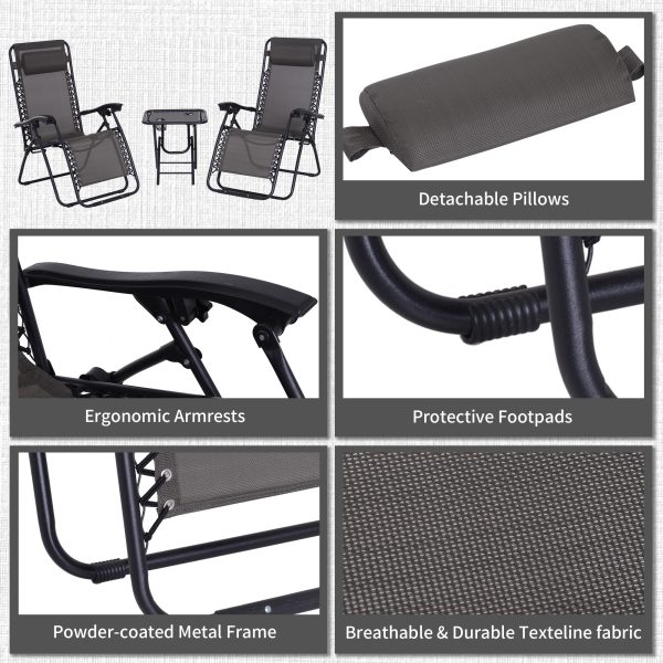 3PC Zero Gravity Chairs Sun Lounger Table Set Cup Holders Dark Grey Outsunny - Image 7
