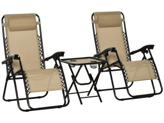 3PC Zero Gravity Chairs Sun Lounger Table Set w/ Cup Holders, Beige Outsunny