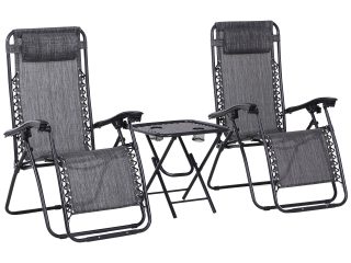 3PC Zero Gravity Chairs Sun Lounger Table Set Cup Holders Light Grey Outsunny