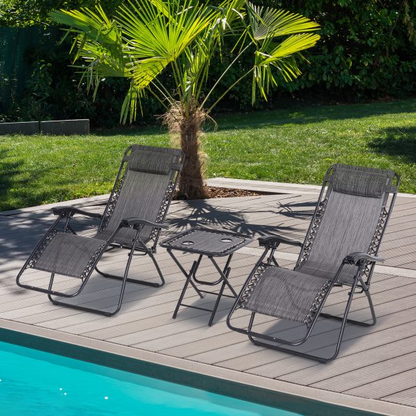 3PC Zero Gravity Chairs Sun Lounger Table Set Cup Holders Light Grey Outsunny - Image 2