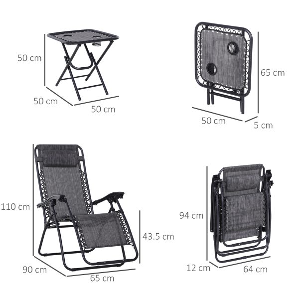 3PC Zero Gravity Chairs Sun Lounger Table Set Cup Holders Light Grey Outsunny - Image 3