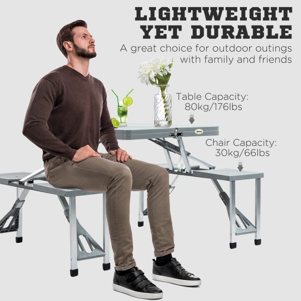 Picnic Table Chair Set 4 Seat Aluminium PP W/ 2.7cm Umbrella Hole Outsunny - Image 6