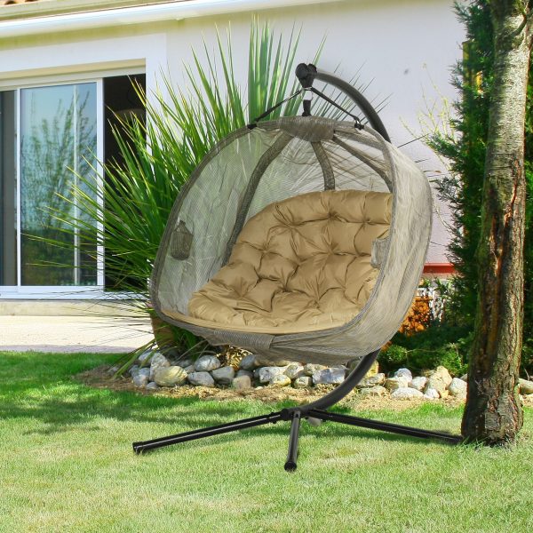 Double Hanging Egg Chair 2 Seaters Swing Hammock w/ Cushion, Brown - Image 2