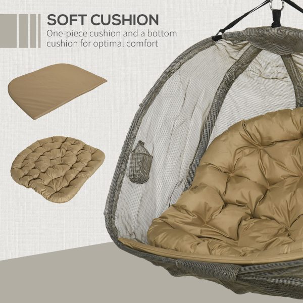 Double Hanging Egg Chair 2 Seaters Swing Hammock w/ Cushion, Brown - Image 4