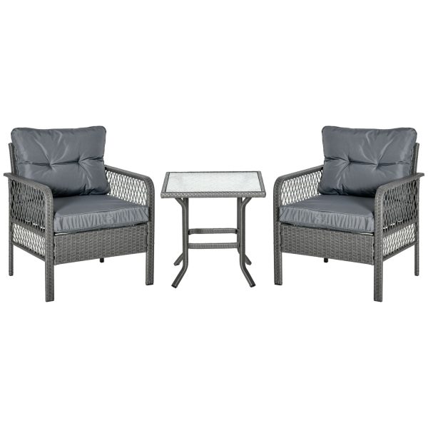 3 Pieces Patio PE Rattan Bistro Set w/ Armchairs Tempered Glass Table Outsunny
