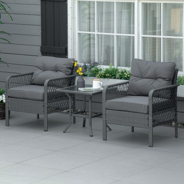 3 Pieces Patio PE Rattan Bistro Set w/ Armchairs Tempered Glass Table Outsunny - Image 2
