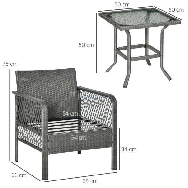 3 Pieces Patio PE Rattan Bistro Set w/ Armchairs Tempered Glass Table Outsunny - Image 3