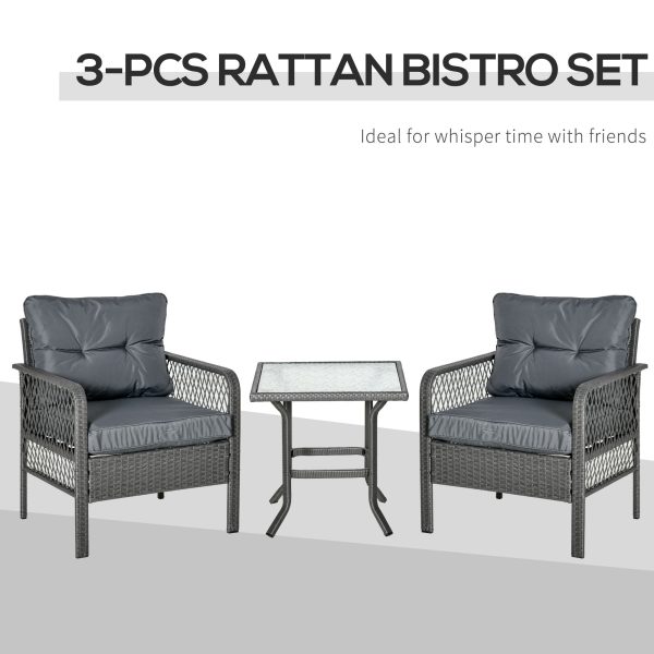 3 Pieces Patio PE Rattan Bistro Set w/ Armchairs Tempered Glass Table Outsunny - Image 4