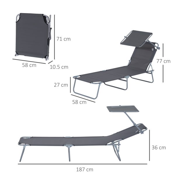 Folding Chair Sun Lounger Recliner Seat Sunshade Garden Outdoor Grey - Image 3