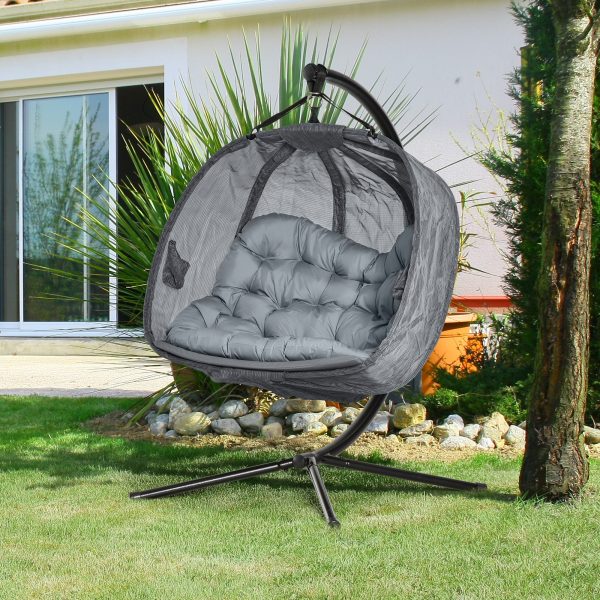 Double Hanging Egg Chair 2 Seaters Swing Hammock w/ Cushion, Grey - Image 2