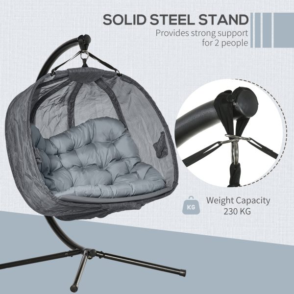 Double Hanging Egg Chair 2 Seaters Swing Hammock w/ Cushion, Grey - Image 7