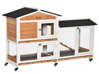 Wooden Rabbit Hutch Guinea Pig Cage Wheels, Run, Slide-Out Tray, Ramp Pawhut